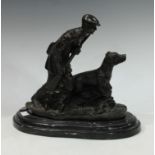 After Mene, a dark patinated bronze, Gamekeeper and Gun Dog, oval marble base, 32cm wide, 27cm high