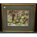 E F Turner Still Life, apples on a mossy bank signed, watercolour