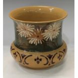 A Langley Ware jardiniere, painted with flowers on a green glaze ground, impressed marks to base,