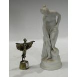 A parian figure, classical maiden, 21cm; an Art Deco miniature silvered metal dancing girl, onyx