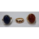 Rings - a Victorian ruby and diamond trilogy ring, stamped 18ct, 2.6g gross; a lapis lazuli and