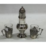 A silver sugar caster, domed cover, Chester hallmark; a pair of continentla silver mounted toddy