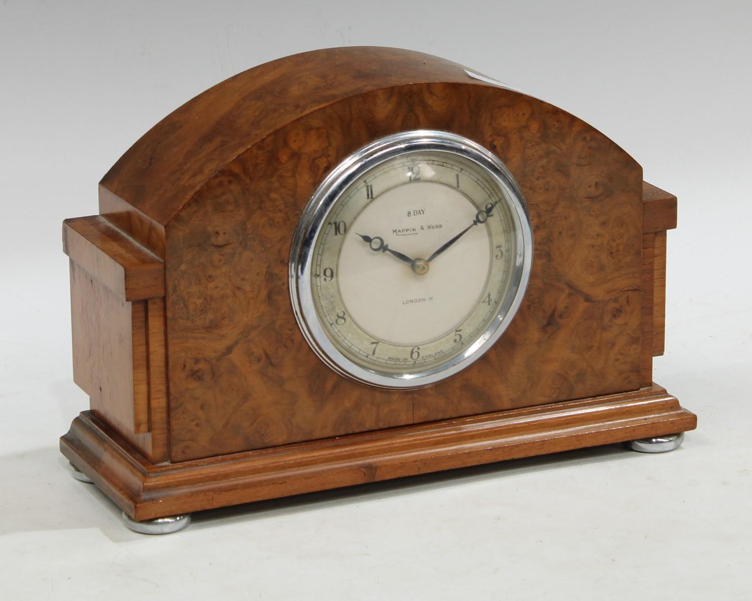 An Art Deco Mappin & Webb walnut mantel clock, eight day movement