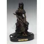 After Moreau, a dark patinated bronze, Seated Mandolin Girl, oval base, 36cm high