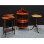 A mid 20th century mahogany washstand; mahogany wine/tripod table; a pair of mahogany lamp tables.(