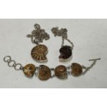Natural History - Geology, Paleontology - a four panel fossilized ammonite bracelet, unmarked silver