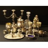 An Art Deco EPNS cocktail shaker; other silver plated items; a pair of goblets, teapot milk and