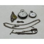 A silver open face pocket watch; a lady's silver open face pocket watch; a silver Albert chain; a
