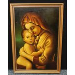 English School Madonna and Child oil, coastal scene verso