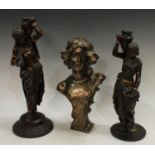 A near pair of bronze metal figures of water carriers and a resin cast Art Nouveau style bust of a