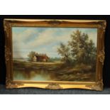 Lopez, farmhouse by the river overlooked by trees and fields, oil on canvas, signed