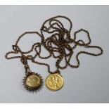 A 9ct rose gold muff chain, with a Victorian gold full sovereign, 1887, 9ct gold mounted and a