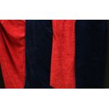 Textiles - a large pair of red curtains, lined; another pair, blue cotton velvet