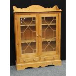 A 20th century pine display cabinet/bookcase, shaped three quarter gallery above a pair of glazed
