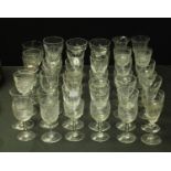Cordial and wine glasses, various, acid etched, cut, trumpet, bucket shaped, 19th century and later