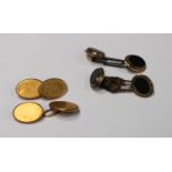 A pair of 15ct gold cufflinks, marked 625, 4.5g; a pair of gold plated hardstone set cufflinks