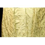 Textiles - a pair of cream damask curtains plus one other; another pair, embroidered with trailing