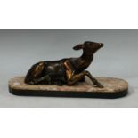 Thierry (French Art Deco School), after, a patinated figure, of a recumbent deer, marble base,