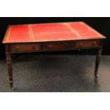 A Victorian mahogany library table, rounded rectangular top with inset writing surface above three