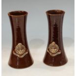 A pair of Lovatts Langley brown glaze vases, NAAFI crest, stamped mark to base, each 20cm high