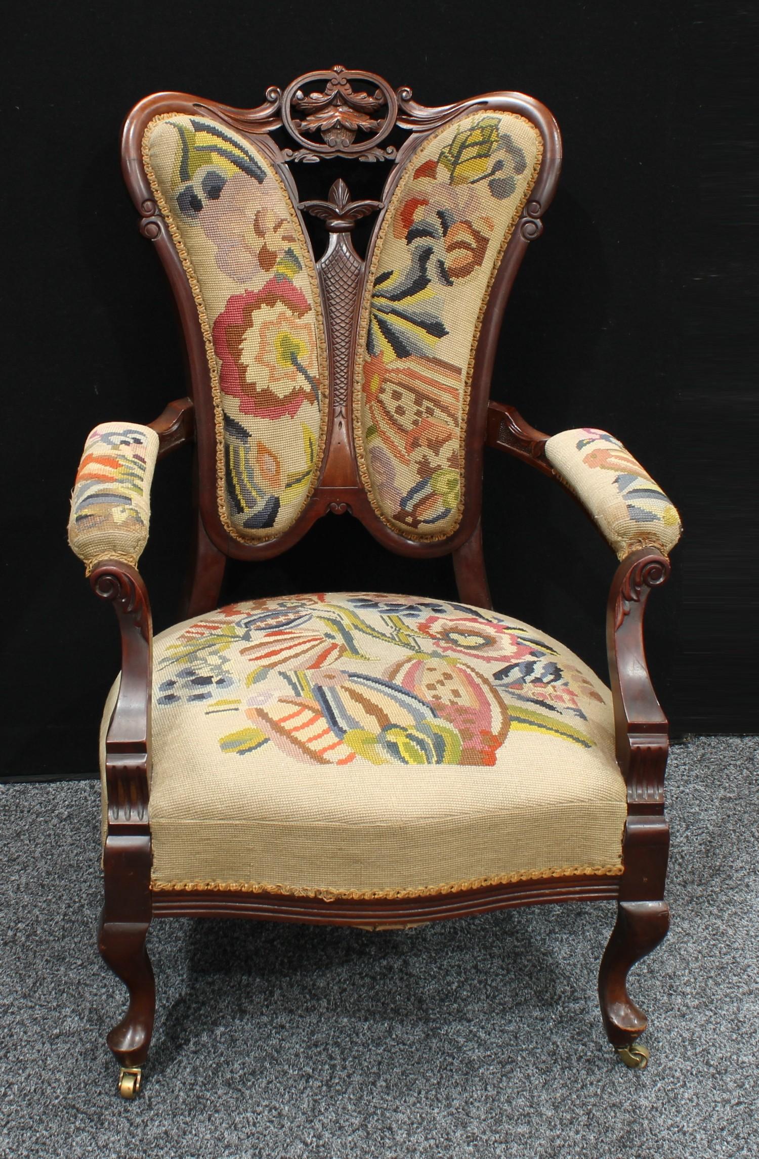 A late Victorian mahogany open armchair, butterfly-shaped back carved and pierced with a central - Image 2 of 2
