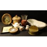 A French pottery bidet, a novelty mushroom biscut barrel; a Royal Worcester white teapot; prints;