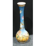 A Japanese pottery onion vase, bulbous base with tapering out swept aperture, decorated with birds
