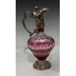 A 20th century silver and cranberry cut glass claret jug, hallmarked silver collar and base embossed