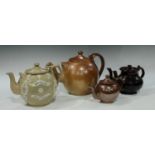 A large 19th century Barge ware globular teapot, named Mrs Ellor, Mexbro, others treacle glazed twin