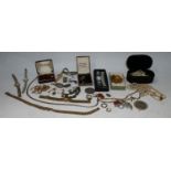 Costume Jewellery - gold plated necklaces; a Roman style cameo bracelet; simulated pearls; brooches,