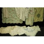 Textiles - lace edged and embroidered tablecloths including crinoline lady and willow tree; a