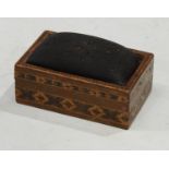 A 19th century Tunbridge ware seamstress?s needle box, sliding cover with pin cushion, c.1860