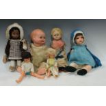 Dolls - a 19th century wax head doll, wooden limbs, open eyes, 38cm; an early 20th century German