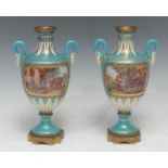 A pair of Sevres two handled ovoid pedestal vases, painted with figures and pack horses,