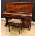 A Victorian burr walnut and marquetry upright piano, by William Squire, London, Full Trichord,