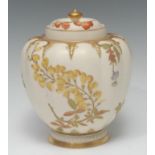 A Royal Worcester lobed ovoid pot pourri vase, printed with stylised flowers, on a blush ivory