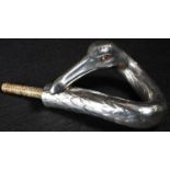 An Austrian Jugendstil silver walking cane handle, as a swan, naturalistically chased with