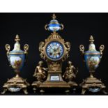 A Louis XVI style gilt metal mounted porcelain clock garniture, 8cm dial inscribed with Roman