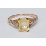 A yellow sapphire solitaire ring, rectangular cushion cut sapphire approx 3.60ct, floral tapering