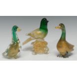 A Murano green glass and gilt aventurine duck, 14cm high; others (3)
