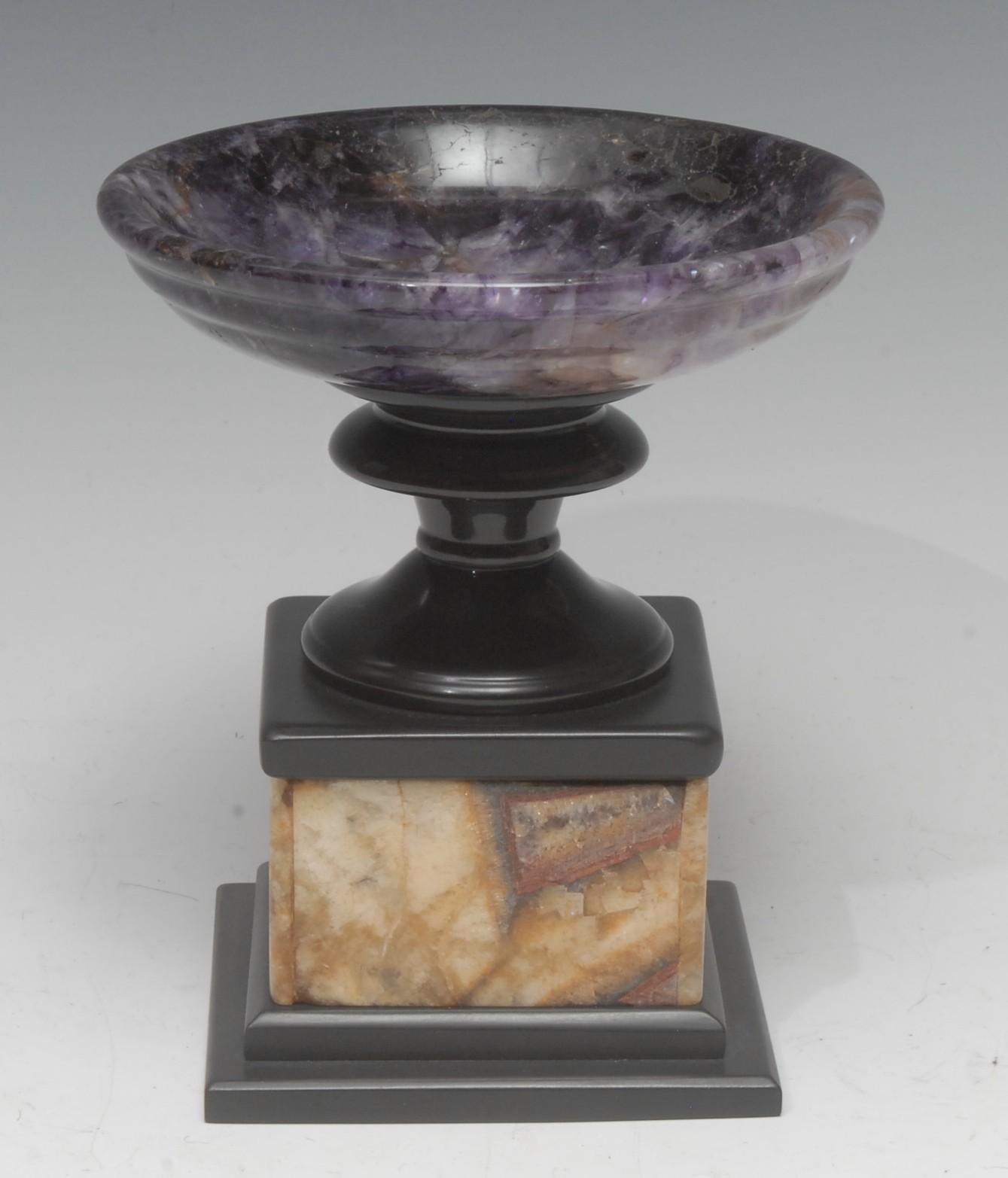 A Derbyshire Blue John pedestal urn, Treak Cliff vein, the dished bowl on turned Ashford marble
