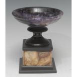 A Derbyshire Blue John pedestal urn, Treak Cliff vein, the dished bowl on turned Ashford marble