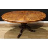 A Victorian burr walnut oval breakfast table, quarter-veneered top with moulded edge, turned