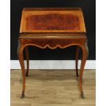 A 19th century French gilt metal mounted rosewood and amboyna bureau du dame, fall front enclosing a