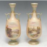 A pair of Royal Worcester two handled vases, each painted possibly by Harry Davis, with landscapes