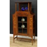 An Art Nouveau satinwood crossbanded mahogany and marquetry display cabinet, rectangular top above a