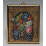 Barbara Valentine, a miniature, Parrots and Still-Life in a Carved Niche, signed with monogram,