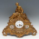 A 19th century French gilt-metal and porcelain mounted mantel clock, 6.5cm circular enamel dial