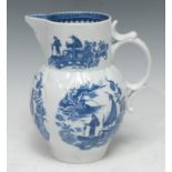 A Caughley Comorant pattern cabbage leaf mask jug, printed with five chinoserie scenes, inner cell