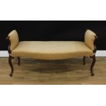 A George III French Hepplewhite mahogany window seat, stuffed over upholstery, the shaped ends and